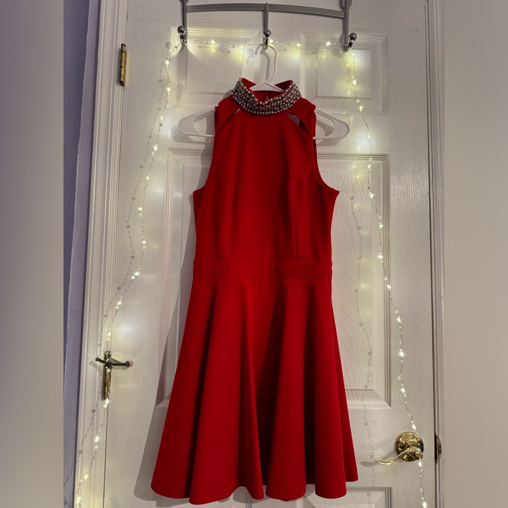 Red Dress with Pearl and Stone Turtleneck